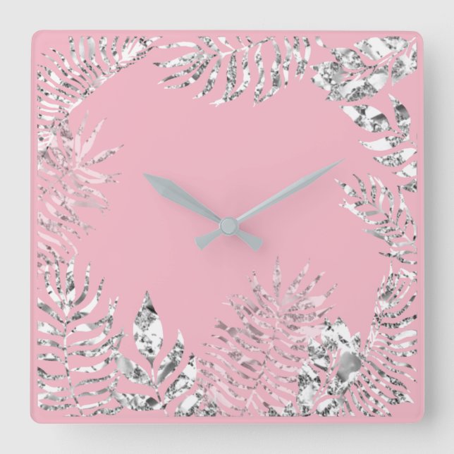 Silver Grått Rosa Pastel Handflatan Botanical Meta Fyrkantig Klocka (Framsida)