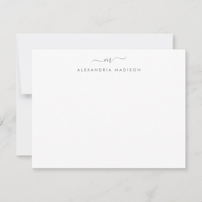 Silver Grått-skriptmonogram Chic Swash Stationery Anteckningskort (Framsida)