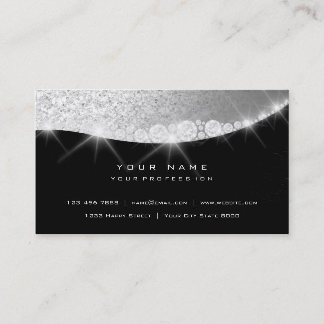 Silver Grått Sparkly Diamond Glitter Glam Black Visitkort (Framsida)