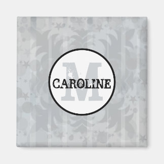 Silver Grått Stars Modern Monogram Damask Stars Magnet