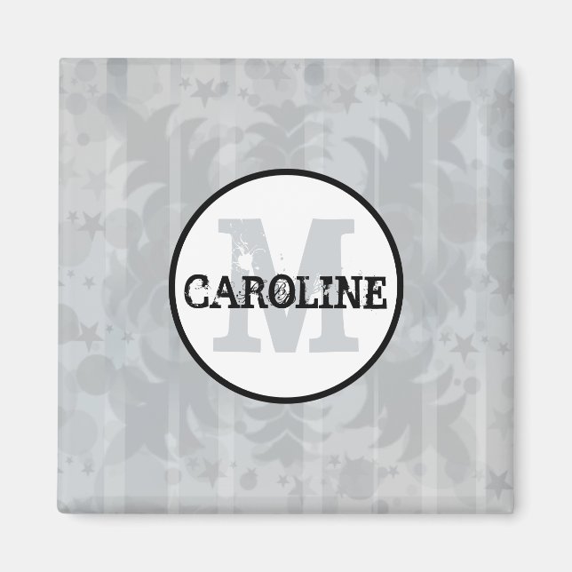 Silver Grått Stars Modern Monogram Damask Stars Magnet (Framsidan)