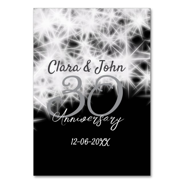 Silver grått svart 30:e bröllop-årsdagen glitter bordsnummer (Framsidan)