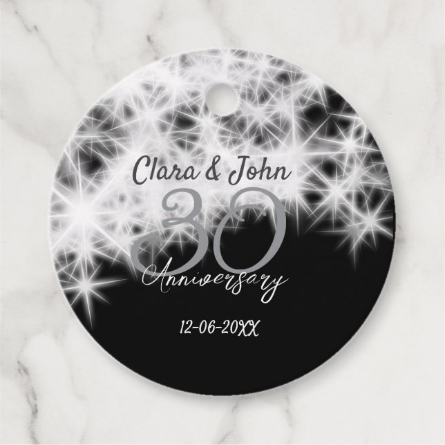 Silver grått svart 30:e bröllop-årsdagen glitter gåvor etiketter (Framsida)