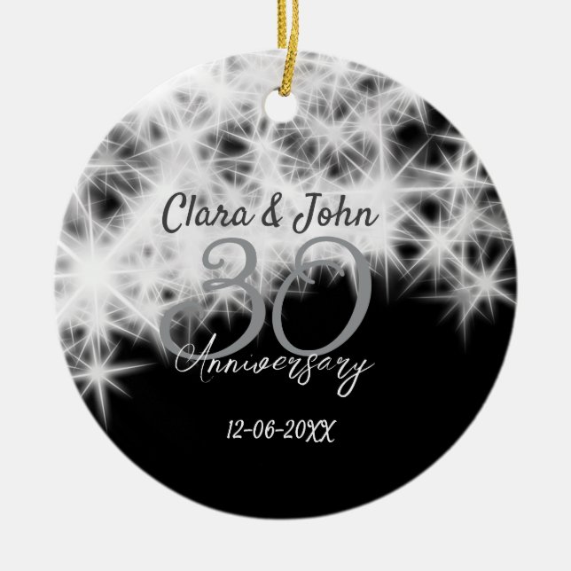 Silver grått svart 30:e bröllop-årsdagen glitter julgransprydnad keramik (Framsidan)