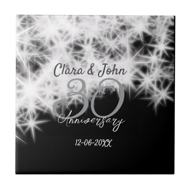 Silver grått svart 30:e bröllop-årsdagen glitter kakelplatta (Framsidan)