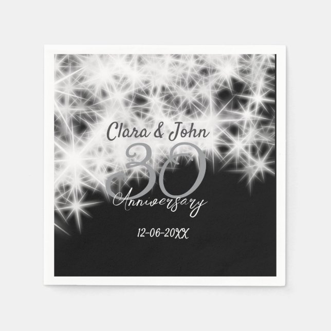 Silver grått svart 30:e bröllop-årsdagen glitter pappersservett (Framsidan)