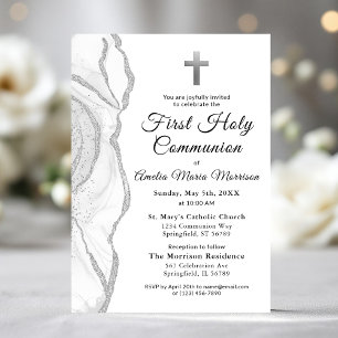 Silver Grått White Agate First Heliga Communion Gi Inbjudningar