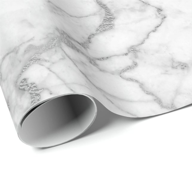 Silver Grått White Carrara Marble Stone Glam minim Presentpapper (Rullad Hörn)
