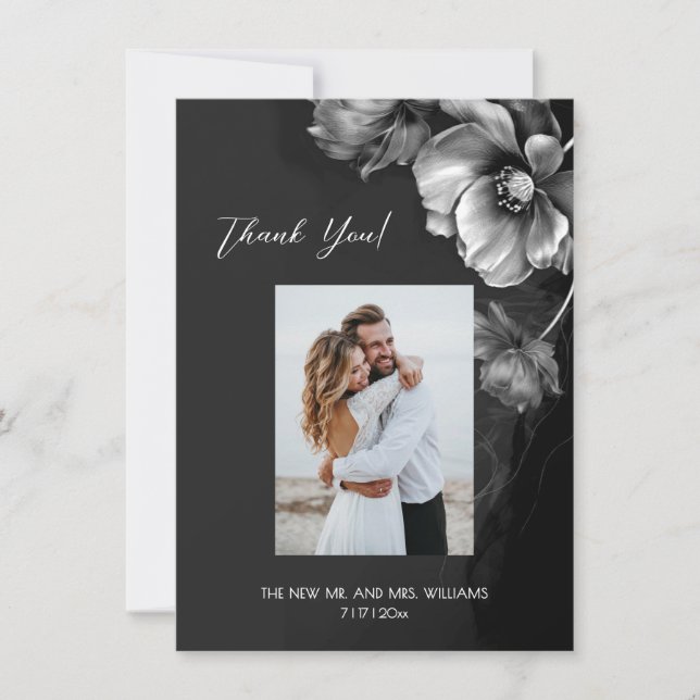 Silver Gray Black Floral Wedding Thank You Tack Kort (Framsida)