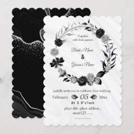 silver gray & black floral wreath wedding inbjudningar