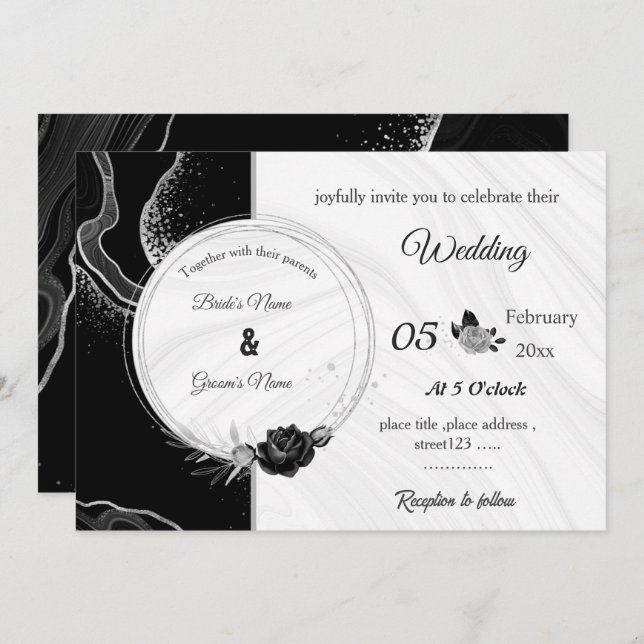 silver gray & black flowers botanical wedding inbjudningar (Fram/baksida)