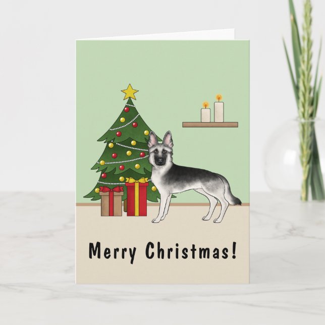 Silver Gray German Shepherd Festive Christmas Tree Kort (Framsida)
