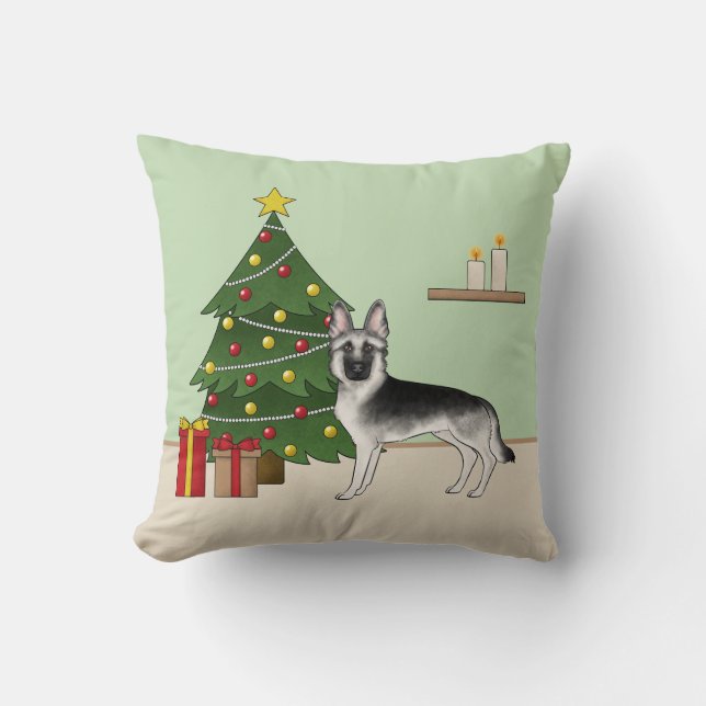 Silver Gray German Shepherd Festive Christmas Tree Kudde (Framsida)