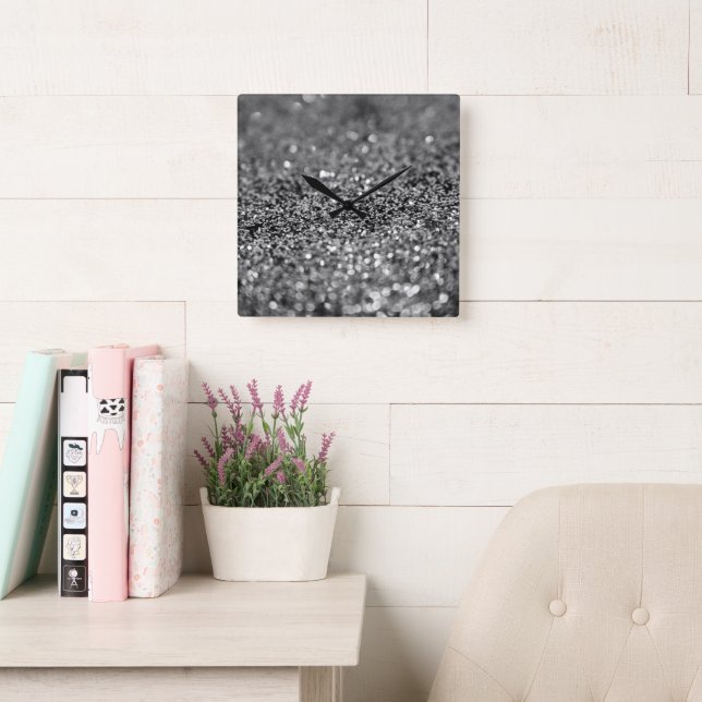 Silver Gray Glitter Bokeh Glam 2 Fyrkantig Klocka (Läsesal)