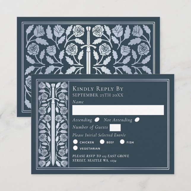 Silver Gray Medieval Sword Wedding RSVP OSA Kort (Fram/baksida)