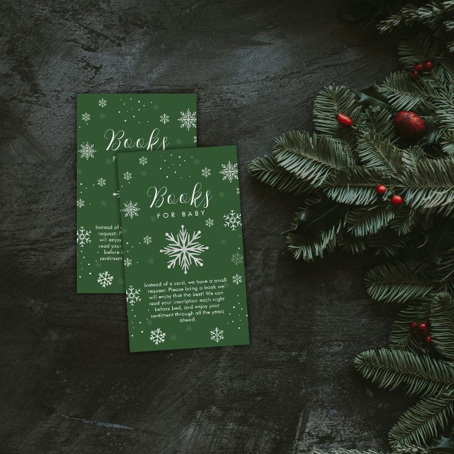 Silver Green Magiska Snöflinga Böcker Babyfirande  Tilläggskort (Silver Green Magical Snowflake Books Baby Shower Enclosure Card)