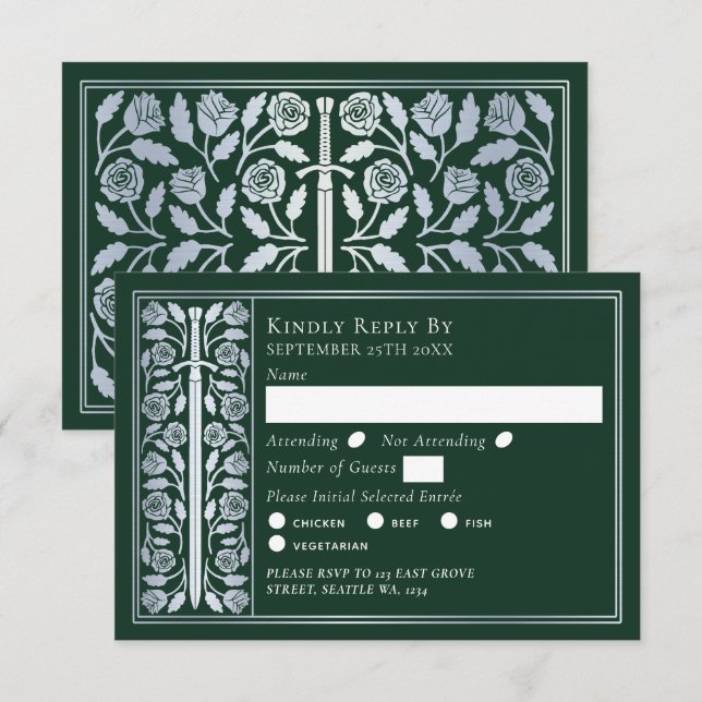 Silver Green Medieval Sword Wedding RSVP OSA Kort (Fram/baksida)