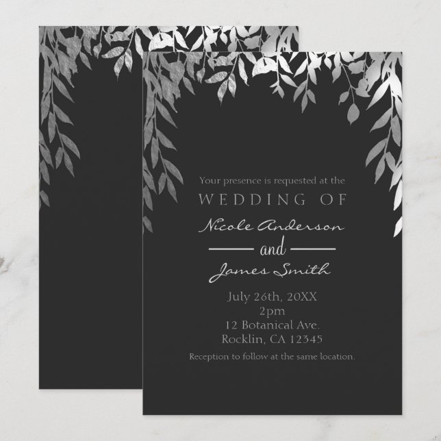 Silver & Grey Modern Glam Botaniska blad Bröllop Inbjudningar (Fram/baksida)