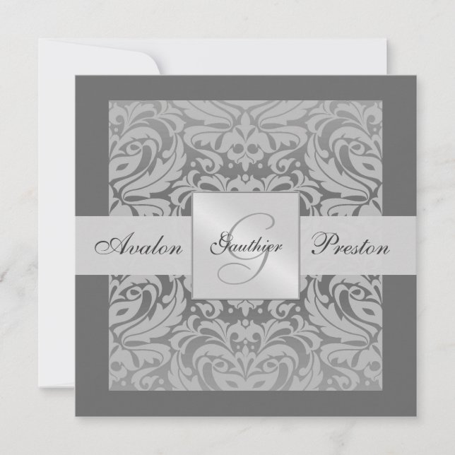 Silver & Grey Monogramm Damask-kant Inbjudan (Framsida)