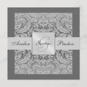 Silver & Grey Monogramm Damask-kant Inbjudan