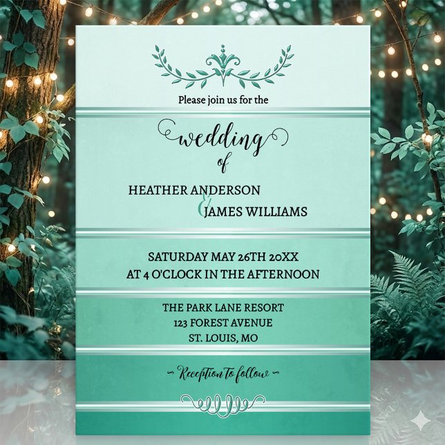 Silver Grön Randig Ton på Ton Bröllop Inbjudningar (Wedding invitation featuring a painted striped design in tone on tone green with a silver lining)