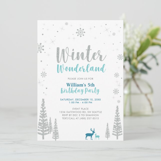 Silver & Grön Vinter Värld Pojk Födelsedag Inbjudningar (Stående Fram)