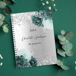 Silver grönt blommigt elegant glamoral anteckningsbok