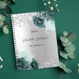 Silver grönt blommigt elegant glamoral anteckningsbok