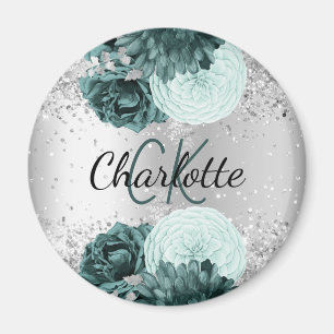 Silver grönt blommigt elegant monogram namn magnet