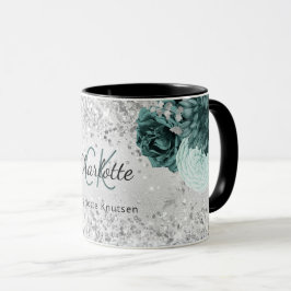 Silver grönt blommigt elegant monogram namn mugg