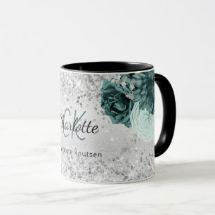 Silver grönt blommigt elegant monogram namn mugg