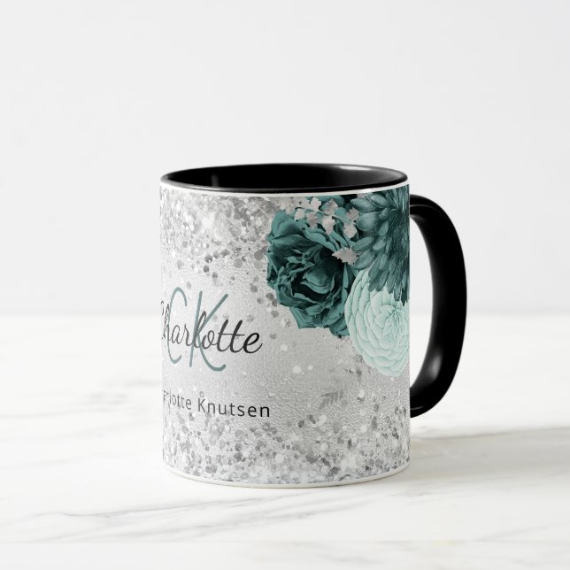 Silver grönt blommigt elegant monogram namn mugg (Framsida höger)