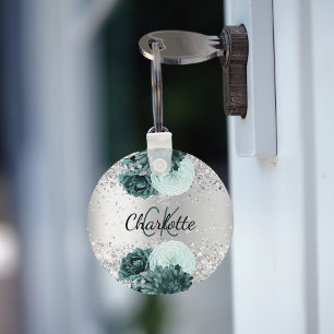 Silver grönt blommigt elegant namn nyckelring