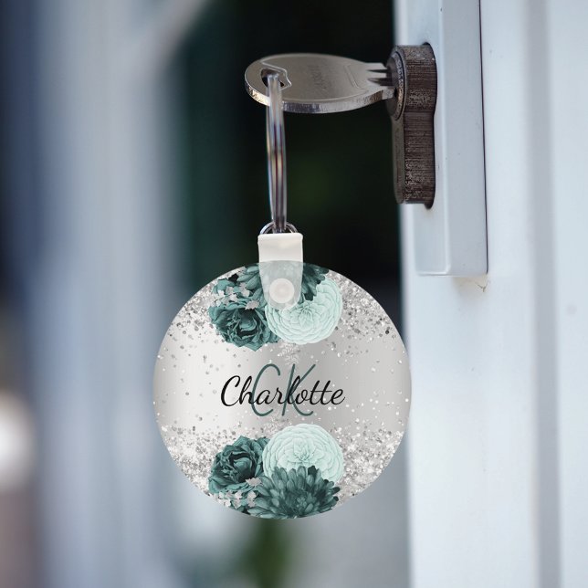 Silver grönt blommigt elegant namn nyckelring (Skapare uppladdad)