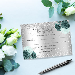 Silver grönt blommigt glitter bröllop OSA Anteckningskort