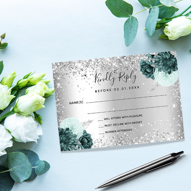 Silver grönt blommigt glitter bröllop OSA Anteckningskort (Skapare uppladdad)