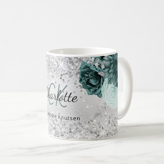 Silver grönt blommor elegant monogram namn kaffemugg (Framsida höger)