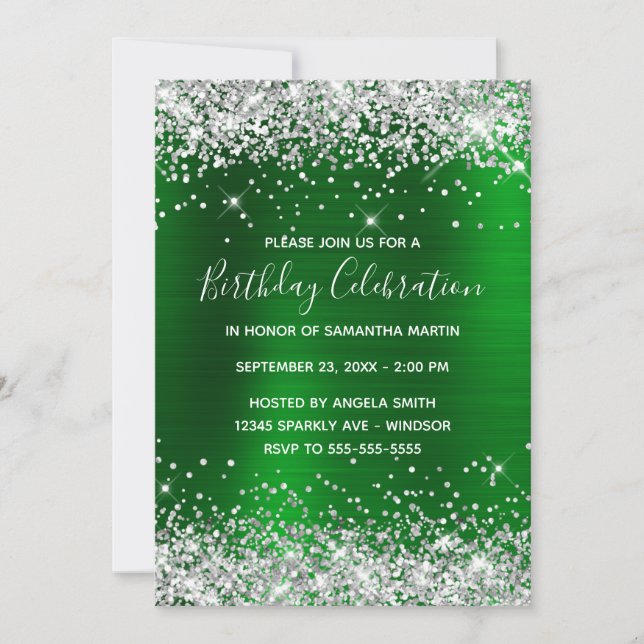 Silver Grönt Glitter Foil Birthday Firance Inbjudningar (Framsida)