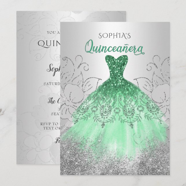 Silver Grönt Gnistra Dress Quinceañera Quince Inbjudningar (Fram/baksida)