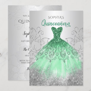 Silver Grönt Gnistra Dress Quinceañera Quince Inbjudningar