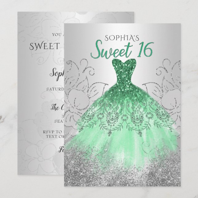 Silver Grönt Gnistra Dress Sweet 16 födelsedag Inbjudningar (Fram/baksida)