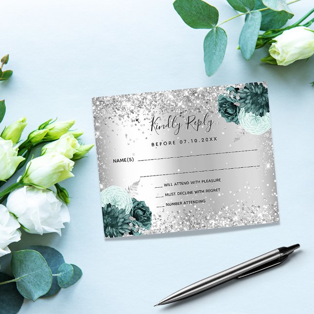 Silver grönt-kort för blommor glitter bröllop OSA (Skapare uppladdad)