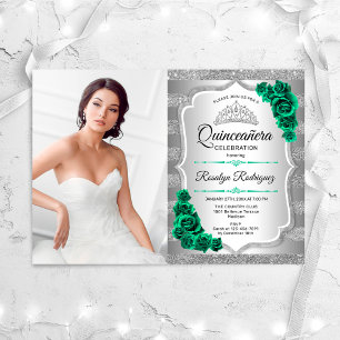 Silver Grönt Quinceanera Party med foto Inbjudningar