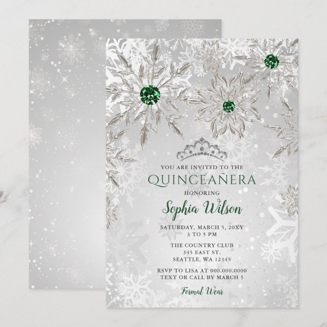 Silver Grönt Snowflake Princess Tiara Quinceañera Inbjudningar (Fram/baksida)