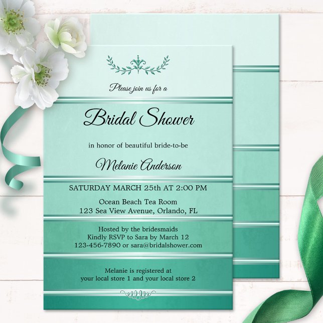 Silver Grönt stripe-ton på tona Möhippa Inbjudningar (Bridal shower invitation featuring a green striped tone on tone painted design with a silver lining)