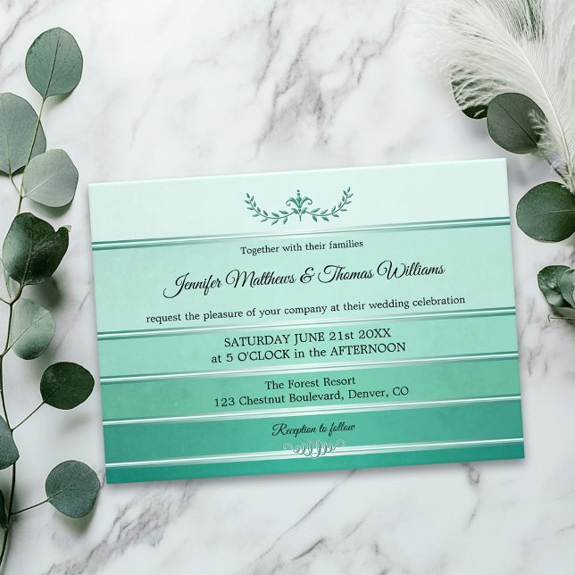 Silver Grönt Stripe Ton sur Ton Bröllop Inbjudningar (Wedding invitation featuring an elegant green tone on tone striped design with a silver lining)