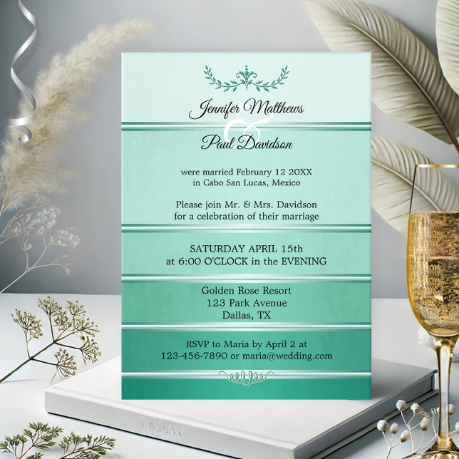 Silver Grönt Tone på tonerrandig post Bröllop Inbjudningar (After wedding or elopement invitation featuring a tone on tone green with silver stripe)