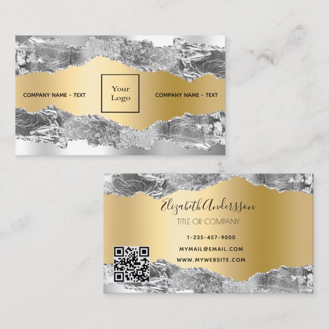 Silver guld agate marble logotyp QR-kod Visitkort (Fram/baksida)