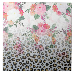 Silver Guld Black Leopard Skriv ut Rosa Flowers Kakelplatta