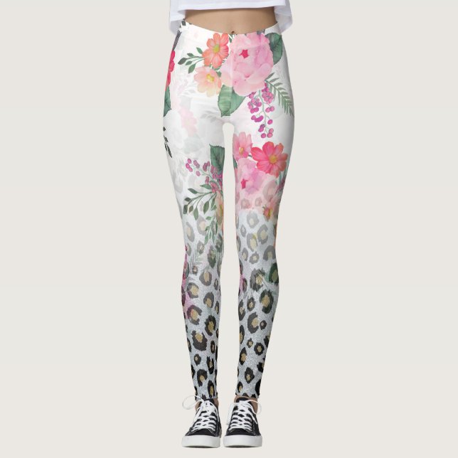 Silver Guld Black Leopard Skriv ut Rosa Flowers Leggings (Framsida)